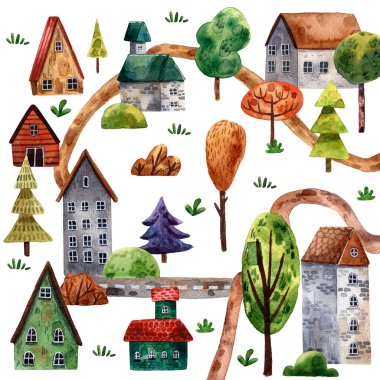Ağaçlar ve binalarla suluboya manzara. Köy çizgi film ikonlarının el çizimi çizimleri, oyunlar ve kartlar için izole dekoratif çizimler.