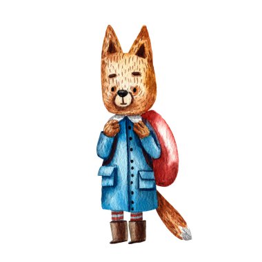 Beyaz arkaplanda şirin bir tilkinin suluboya çizimi