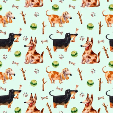 Elle çizilmiş karikatür köpekleri, toplar ve kemikler, hayvanların suluboya çizimi, renk arkaplanı
