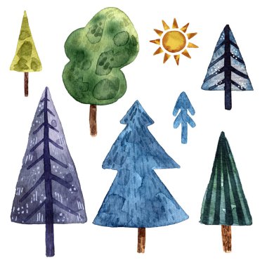 Ağaçların şirin suluboya çizimi, yaz ağaçları. Avrupa manzarası. Bir dizi Yeşil Ağaçlar Çizgi film stili çizim. Turistik kartpostal. Elle çizilmiş stil. oyun ve kartlar için izole dekoratif illüstrasyon.