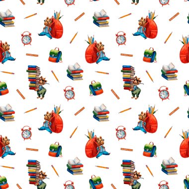 El çizimi nesnelerin tekrarlanan şablonu ile okul teması arka planı, ayı öğrencisiyle birlikte temadaki nesnelerin şirin koleksiyonu