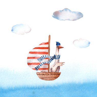 Yelkenlide eşarbı olan suluboya el yapımı şirin bir kaz. Dijital çizim. Eğlenceli hayvan, müsrif kaz, kuş çizimi, oyunlar ve kartlar için izole dekoratif çizimler..