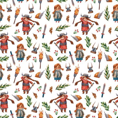 Şirin Viking deseni. Kusursuz bir doku. Küçük Viking kızları, kılıçlar ve kasklar. Peri masalı gibi. Kızlar için komik tekstil baskısı. Çocuk çizimleri. Kağıt baskısı paketleniyor.