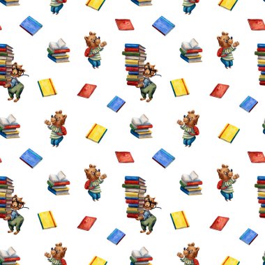 El çizimi nesnelerin tekrarlanan şablonu ile okul teması arka planı, ayı öğrencisiyle birlikte temadaki nesnelerin şirin koleksiyonu