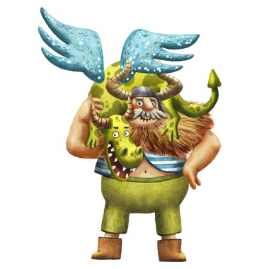Kanatlı bir ejderhayla Viking adamın şirin bir tasviri. Eski İskandinav efsaneleri. Yeşil peri masalı sürüngeni. Viking partisi davetiyesi. Antik İskandinav geleneksel eşyaları. Kart ve yazdırma çizimleri.