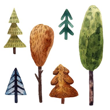 Ağaçların şirin suluboya çizimi, yaz ağaçları. Avrupa manzarası. Bir dizi Yeşil Ağaçlar Çizgi film stili çizim. Turistik kartpostal. Elle çizilmiş stil. oyun ve kartlar için izole dekoratif illüstrasyon.