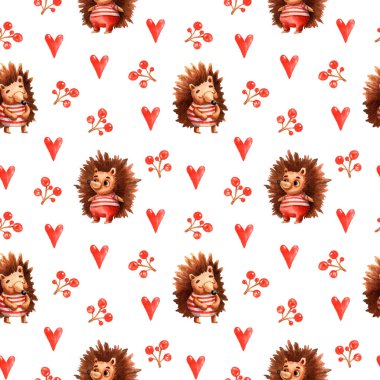 Kükürtlü ve kalpli sevimli orman hayvanlarıyla kusursuz desenler. Kirpilerin tekrarlanan suluboya çizimi