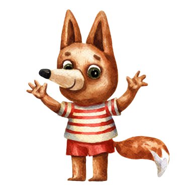 Beyaz arka planda çizgili tişörtlü şirin bir tilkinin suluboya çizimi