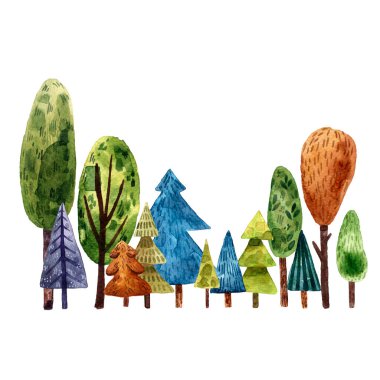 Ağaçların şirin suluboya çizimi, yaz ağaçları. Avrupa manzarası. Bir dizi Yeşil Ağaçlar Çizgi film stili çizim. Turistik kartpostal. Elle çizilmiş biçim.