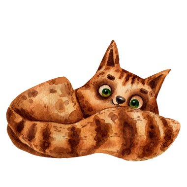 Suluboya el yapımı şirin kedi, dijital illüstrasyon. Eğlenceli hayvan, neşeli kedi yavrusu. 