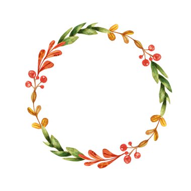 Suluboya elle çizilmiş orman çelengi. Güzel sonbahar süslemeleri. Çember çerçeve. Mevsimlik sınır. Güzel çelenk. Holly, yapraklar ve böğürtlen dekoru. davet kartı.