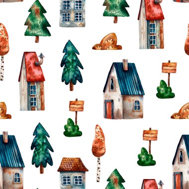 Tatlı ahşap evlerin pürüzsüz desenli suluboya arka planı. Elle çizilmiş illüstrasyon. Küçük gri minimalist evler. Eviniz güzelmiş. Ahşap dizayn. Dışarıdan. Köy mimarisi tarzı. İzole bir çizim seti. Pencereler ve ağaç.