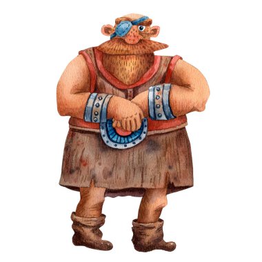Komik Viking çizgi filmi çizimi. Büyük bir adamın portresi. Eski bez, sakal ve kask. Eski bir İskandinav erkeği. Sevimli çizgi film karakteri. Medirval viking. Geleneksel erkek portresi.