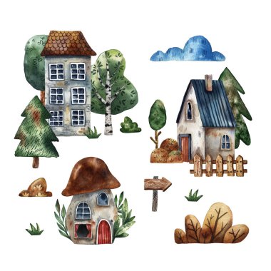 Şirin orman ahşap evlerinin suluboya çizimleri, elle çizilmiş resimler. Küçük evler. Eviniz güzelmiş. Ahşap dizayn. Dışarıdan. Peri mimari tarzı. İzole bir çizim seti. Pencereler ve ağaç.