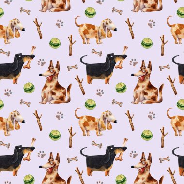 Elle çizilmiş karikatür köpekleri, toplar ve kemikler, hayvanların suluboya çizimi, renk arkaplanı