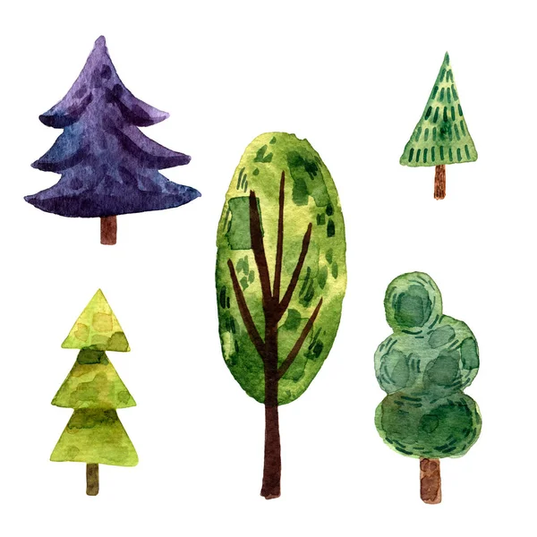 夏の木のかわいい水彩画のイラスト ヨーロッパの風景 緑の木のセットイラストの漫画スタイル 観光はがき 手描き式 ゲームやカードのための隔離された装飾イラスト — ストック写真