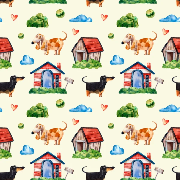 Seamless Pattern Hand Drawn Cartoon Dogs Balls Doghouses Watercolor Illustration — Stock Photo, Image