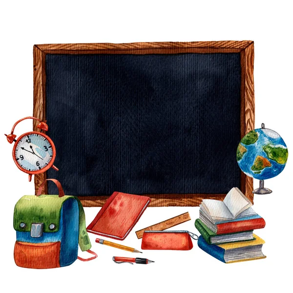 Cute watercolor school supplies. Hand drawn cartoon style. Earth globe, pen case, books, pencils and red alarm clock. Back to school style. Elementary school supplies. Frame for school announcement.