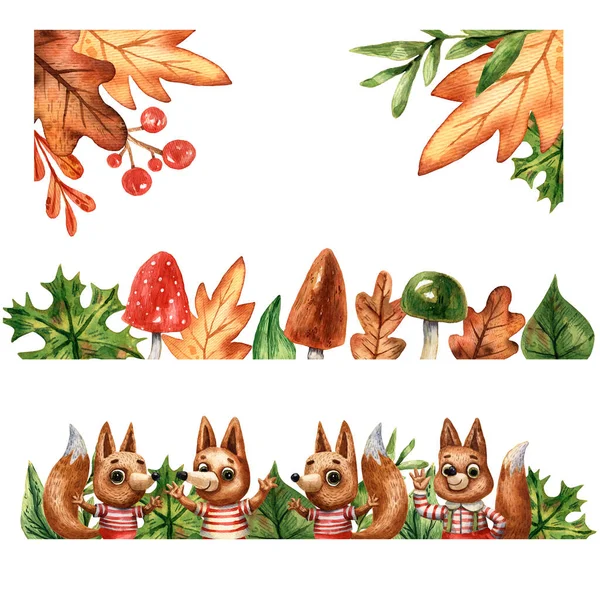 set of cute cartoon foxes in striped t-shirts, hand-drawn watercolor illustration, forest elements isolated on white background. Hand-drawn picture. Forest plants and mushrooms. Red berries. Autumn forest.