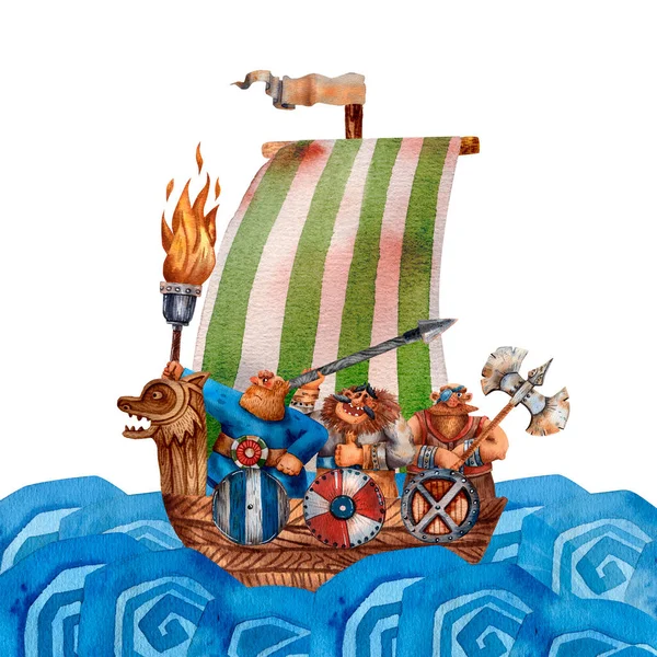 Cute Illustration Vikings Drakkar Ancient Scandinavian Boat Old Sea Transport — Stock Photo, Image