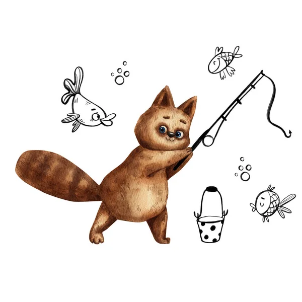水彩画的可爱猫正在用一根杆子钓鱼 数字图像 有趣的动物 顽皮的小猫 — 图库照片