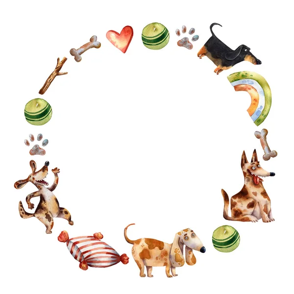 watercolor illustration of a cute funny frame with dog items,  Friendship pets characters, funny dogs circle frame on white background