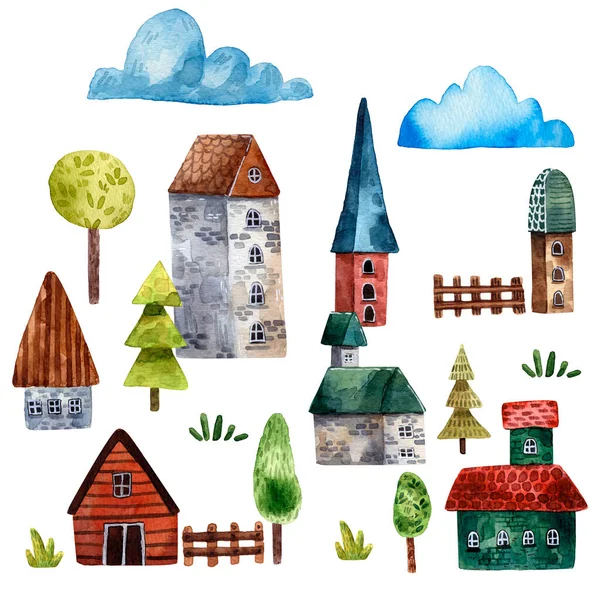Akvarellandskap Med Byggnader Och Träd Handritad Illustration Uppsättning Byn Tecknad — Stockfoto
