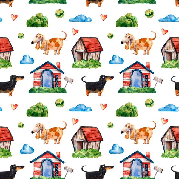 Seamless Pattern Hand Drawn Cartoon Dogs Balls Doghouses Watercolor Illustration — Stock Photo, Image