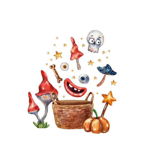 hand-drawn watercolor Halloween elements, background with Halloween icons of eyes, mouths, mushrooms, and bones in a basket
