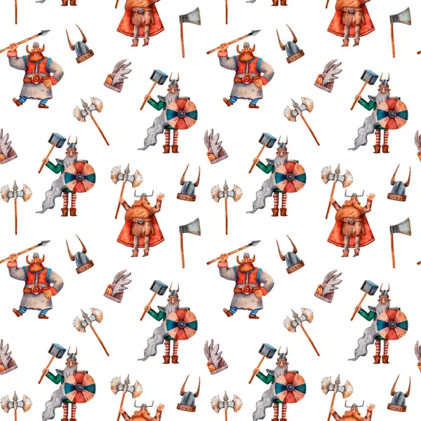 Cute viking pattern. Seamless texture. Dragons, vikings, shields and chest. Fairy tale cartoon style. Funny textile print for boys. Children illustrations. Wrapping paper print.