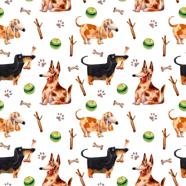 Seamless Pattern Hand Drawn Cartoon Dogs Balls Bones Watercolor Illustration — Stock Photo, Image