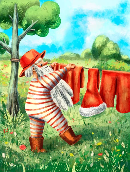 可爱的圣诞老人的水彩画在夏天把他的衣服挂起来晾干 有趣的手绘人物 圣诞插图 传统卡通圣诞老人 — 图库照片