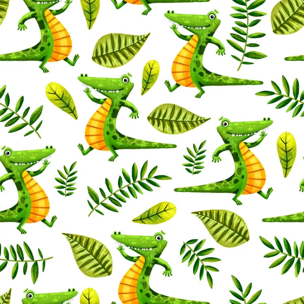 有热带植物中的绿色鳄鱼的手绘可爱卡通人物的无缝图案 手绘插图 丛林人物 非洲动物背景 — 图库照片