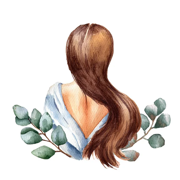Akvarell Illusztráció Egy Gyönyörű Hosszú Haj Vissza Nézet — Stock Fotó