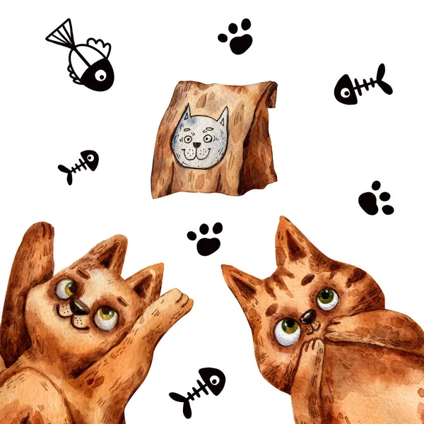 Watercolor Hand Drawn Cute Cats Dreaming Fishes Digital Illustration Fun — Stock Photo, Image