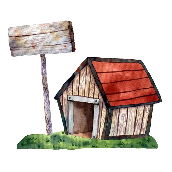 Akvarell Illustration Trä Doghouse Med Skylt Äng — Stockfoto