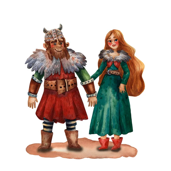 Cartoon Illustration Viking Family Portrait Man Woman People Love Ancient — Stock Photo, Image