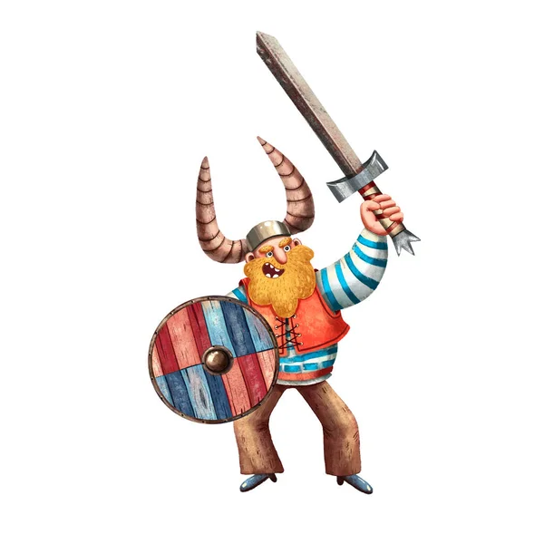 Cartoon illustration of funny Viking. Portrait of the big man. Old cloth, beard, and helmet. Ancient Scandinavian man. Cute cartoon character. Medieval Viking. Traditional man portrait.