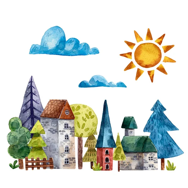 建物や木で水彩画の風景 村の漫画のアイコンの手描きイラストセットゲームやカードのための隔離された装飾イラスト — ストック写真