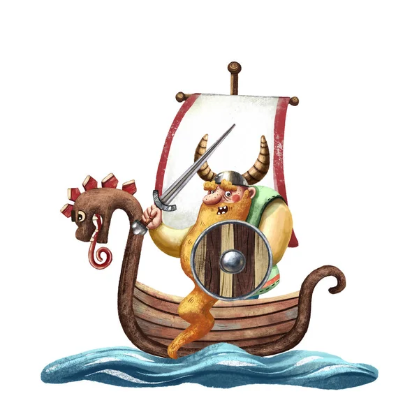 Cute illustration of Viking and Drakkar. Ancient Scandinavian boat. Old sea transport. The funny cartoon style of illustration. North longship. Wooden warship. Old Viking. Funny man. Sword and helmet.
