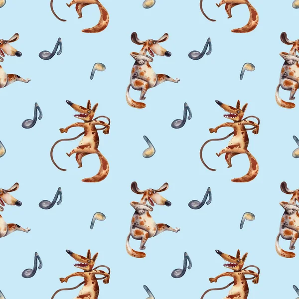 Безшовний Візерунок Намальованими Вручну Мультяшними Собаками Музичними Нотами Акварельна Ілюстрація — стокове фото