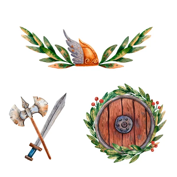 Viking arms set. Cute cartoon style of art. Viking helmets, shield and paper. Fairy tale floral wreath. Viking party decoration. Ancient scandinavian traditional items. Illustrations for cards.