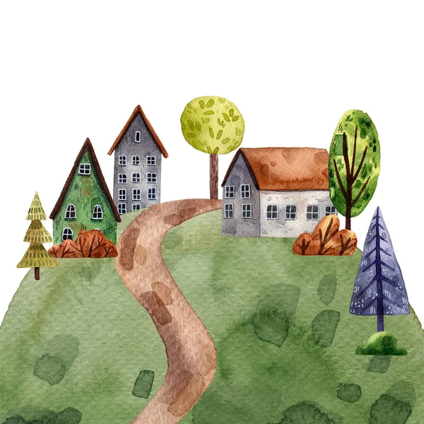 小山上的小村子的水彩画很可爱 避暑街欧洲风景 绿树和可爱的房子 卡通画的风格 旅游明信片 手绘风格 建筑物和森林 — 图库照片