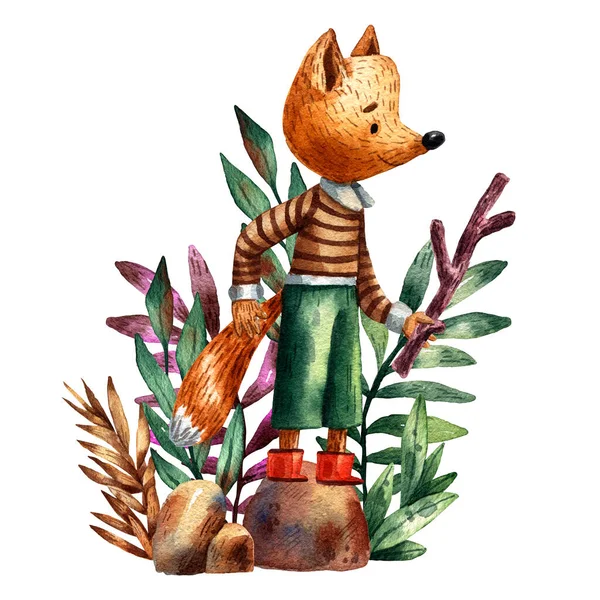 Aquarell Illustration Eines Niedlichen Fuchses Mit Zweig Auf Weißem Hintergrund — Stockfoto