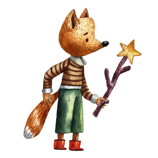 Aquarell Illustration Eines Niedlichen Fuchses Mit Zweig Und Stern Auf — Stockfoto