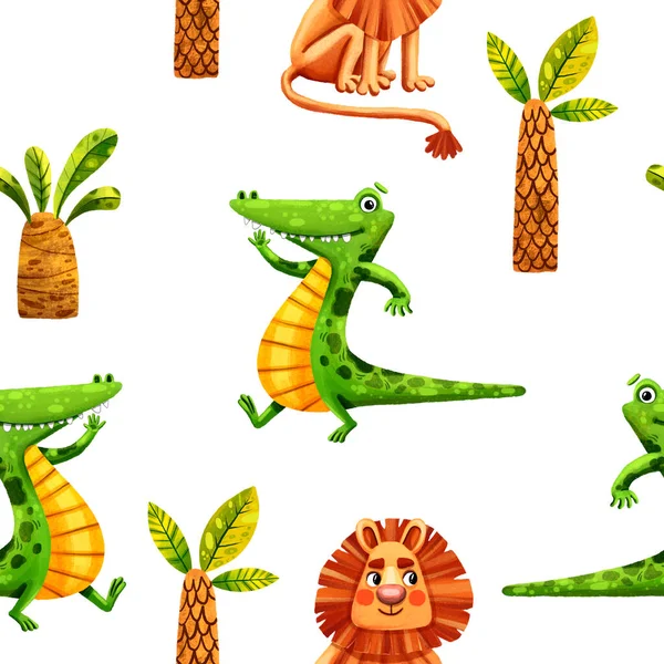 热带植物中由绿色鳄鱼和狮子组成的手绘可爱卡通人物的无缝图案 手绘插图 丛林人物 非洲动物背景 — 图库照片