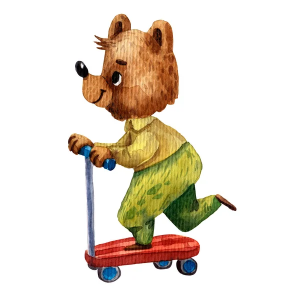 Illustrazione Acquerello Simpatico Orso Bambino Personaggio Scooter Illustrazione Sportiva Ragazzo — Foto Stock