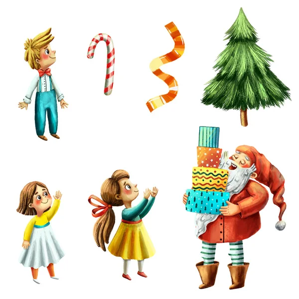 Aquarell Illustration Des Niedlichen Weihnachtsmannes Gratuliert Kindern Und Beschenkt Sie — Stockfoto