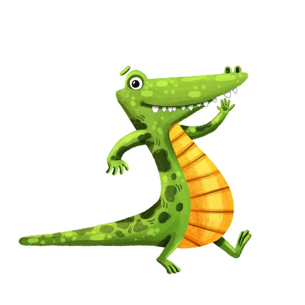 白色背景的快乐绿色鳄鱼的手绘图解 — 图库照片