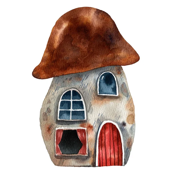 Aquarel Illustratie Van Een Schattig Bos Houten Huis Met Hand — Stockfoto